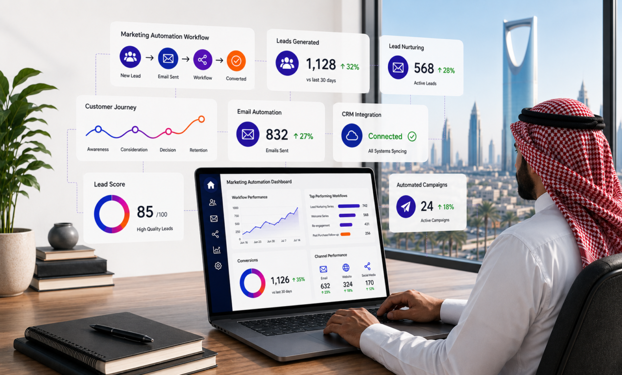 Marketing Automation in Saudi Arabia dashboard showing CRM integration, customer journeys, and campaign performance
