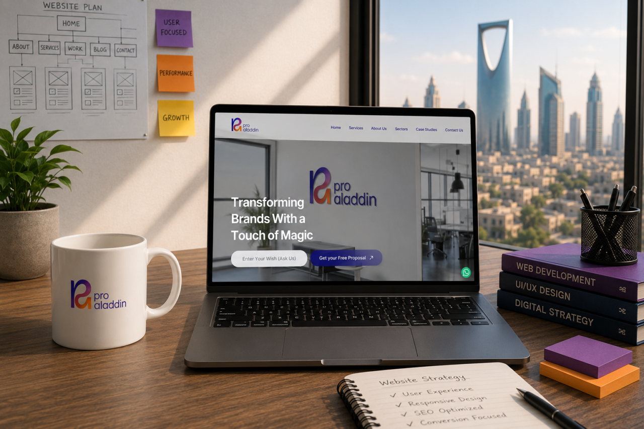 Website development in Saudi Arabia showcasing a modern business website design, responsive user interface, and digital growth strategy for businesses in the GCC