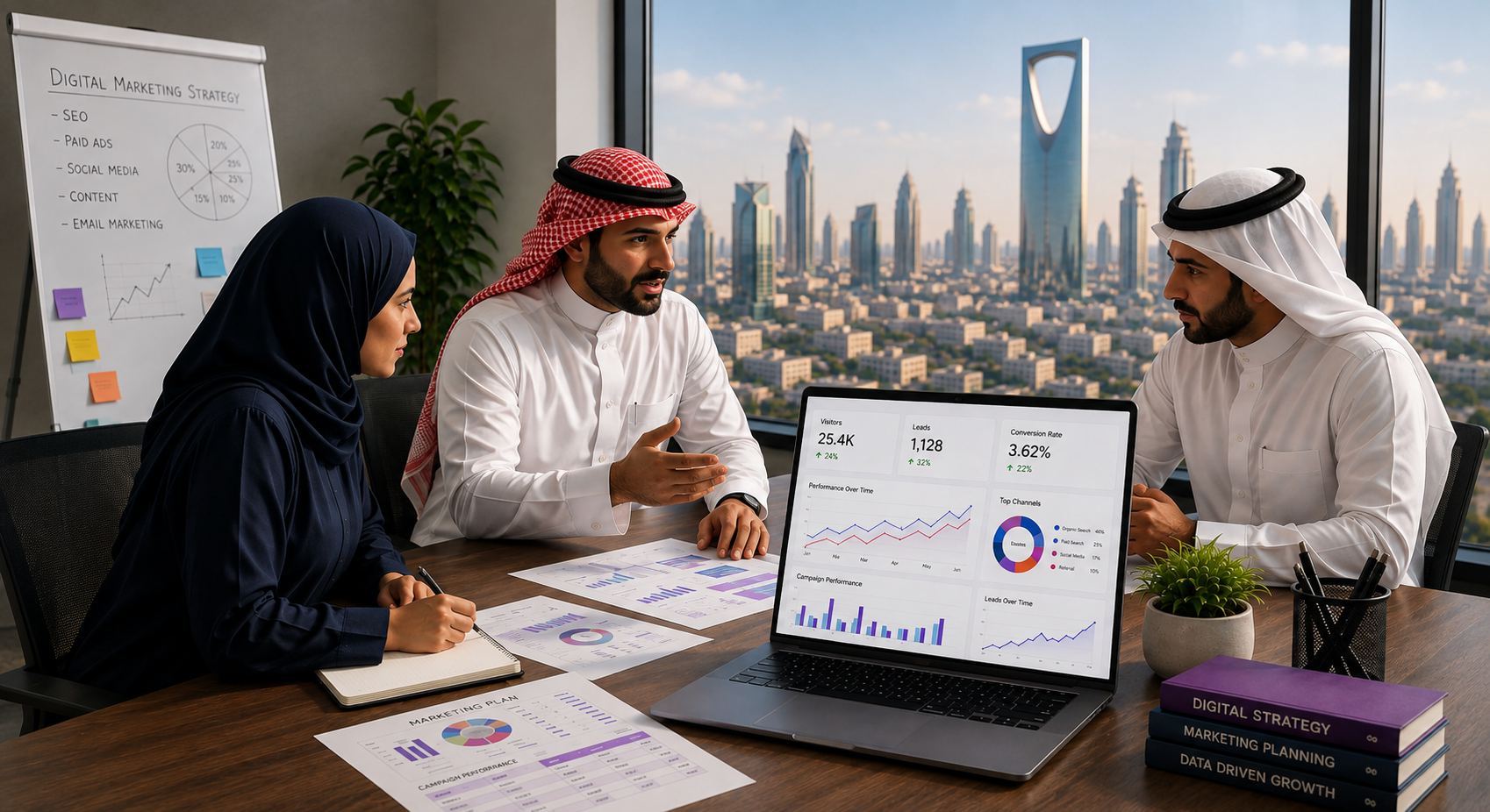 فريق وكالة تسويق رقمي في السعودية يناقش استراتيجية التسويق الرقمي وتحليل أداء الحملات لتحقيق نمو الأعمال