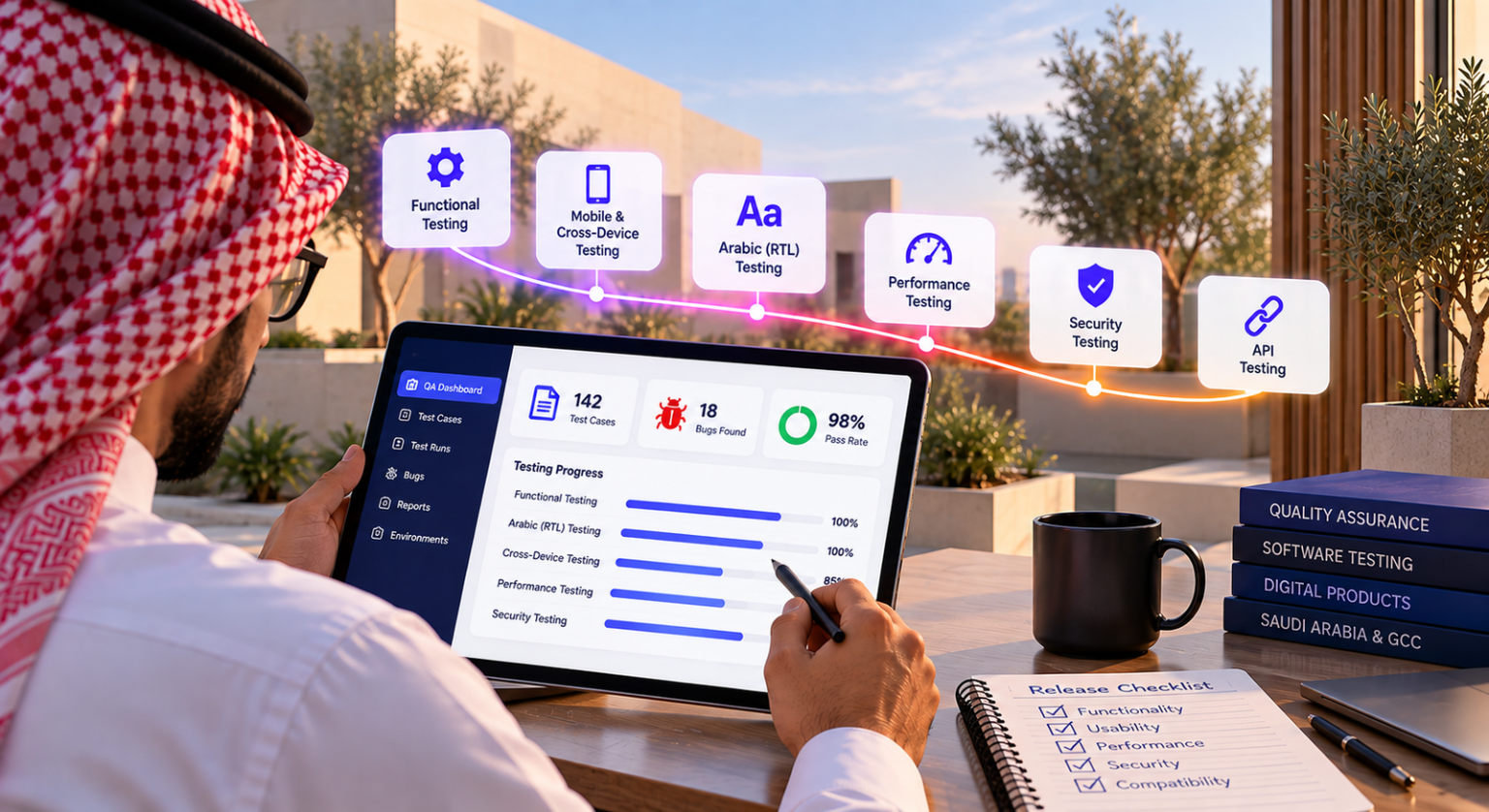 Software testing services in Saudi Arabia — QA team testing an app across devices