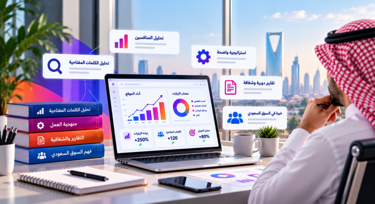 كيف تختار أفضل شركة سيو في السعودية، مع توضيح معايير تقييم الخبرة وتحليل الكلمات المفتاحية والمنافسين ومنهجية العمل والتقارير.